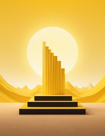 3d render of golden stairs in desert with sun in the backgroundの素材