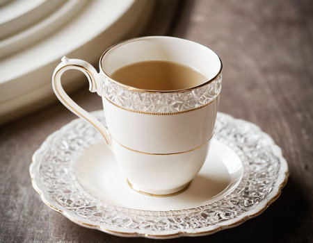 Cup of tea on a wooden table. Selective focus.の素材