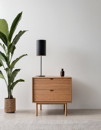 Interior of modern living room with wooden commode, plant and black lampの素材