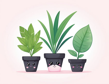 cute potted plants kawaii characters vector illustration designiconの素材