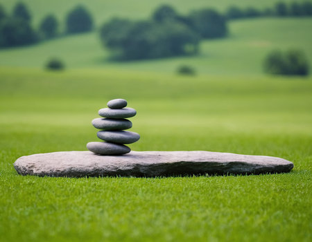 Stack of zen stones on a green meadow in the countrysideの素材