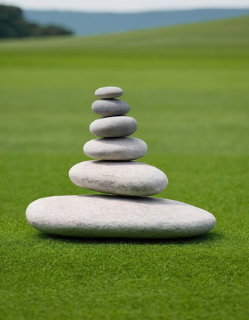 Stack of pebble stones on green grass background. Zen conceptの素材