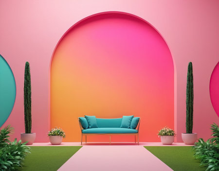 Interior of modern living room with pink and blue walls, round arches and a blue sofa. 3d renderingの素材