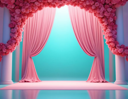 3d render of stage with pink curtains and flowers on blue backgroundの素材