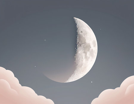 Crescent moon on the night sky with clouds. Vector illustration.の素材