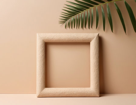 Frame mockup with palm leaf on beige background. 3d renderingの素材