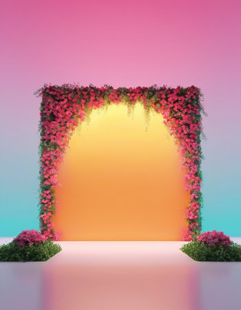 3d render of arch with pink bougainvillea flowersの素材