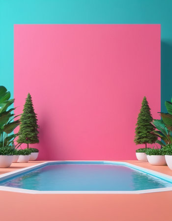 Swimming pool with tropical plants and blank pink wall. 3D Renderingの素材