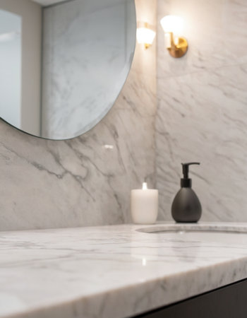 White marble countertop in luxury bathroom interior with mirror and copy spaceの素材