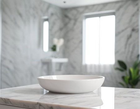 White ceramic bowl countertop in modern bathroom interior background.の素材