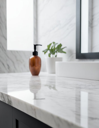 Closeup of luxury white marble countertop in modern bathroom with copy spaceの素材