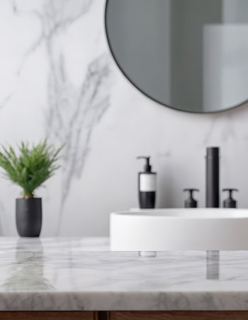 White marble countertop in modern bathroom interior with mirror and plant.の素材