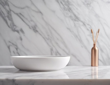 White ceramic bowl on white marble countertop with gold vase.の素材