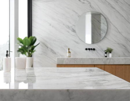 Closeup of white marble countertop in modern bathroom with mirror reflectionの素材