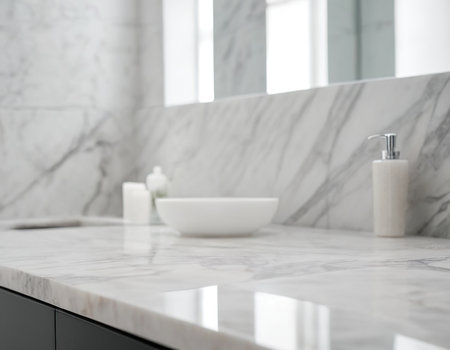 Closeup of white marble countertop in modern bathroom with copy spaceの素材