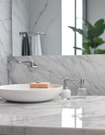 Close-up of white washbasin with soap dispenser in modern bathroomの素材