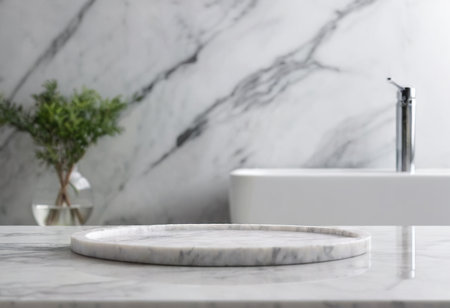 White marble countertop in modern bathroom, closeup. Space for textの素材