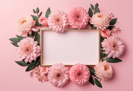 Flowers composition. Frame made of pink flowers on pastel pink background. Flat lay, top view, copy spaceの素材