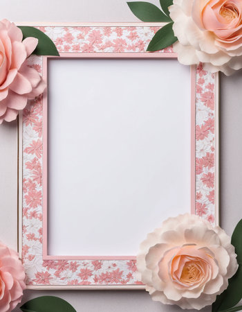 Wooden frame with pink roses on white background. Top view.の素材