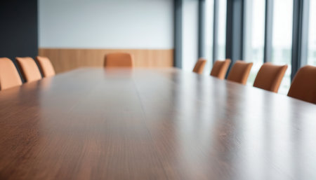 Empty conference room with wooden table and chairs. Blurred background.の素材
