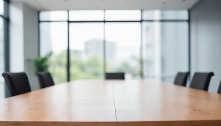 Wooden boardroom table and chairs in meeting room, blur backgroundの素材