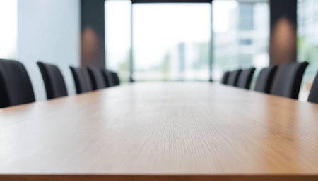Wooden table and chairs in a meeting room. Blurred backgroundの素材