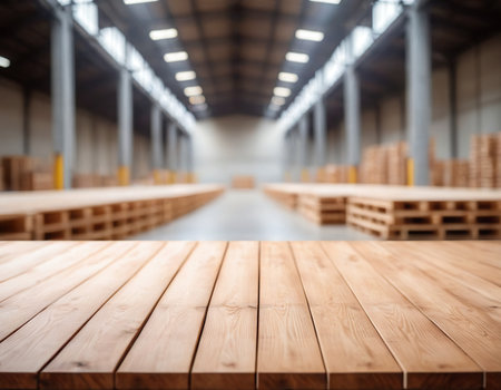 Empty wooden table over blurred warehouse background, product display montage.の素材