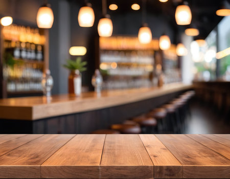 Selected focus empty brown wooden table and Coffee shop blur background with bokeh image. for your photomontage or product displayの素材