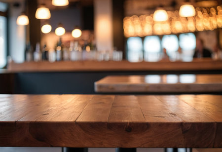 Empty wooden table and coffee shop blur background with bokeh image.の素材