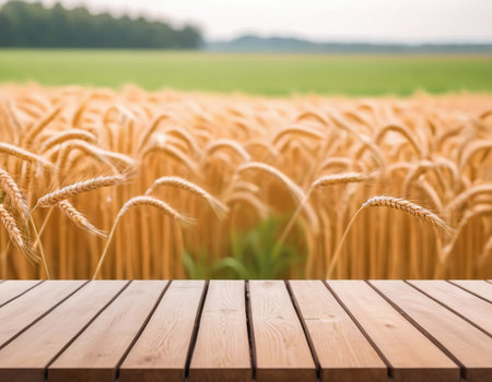 Wood table top on wheat field background with copy space for product displayの素材