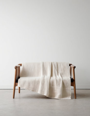 Wooden chair with white tablecloth on a white wall background.の素材