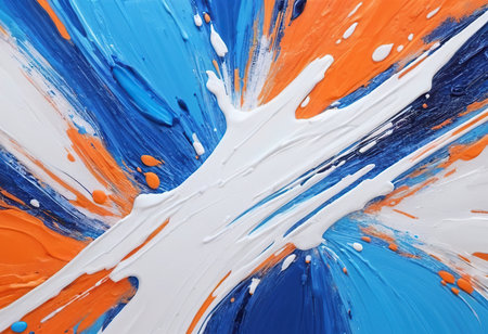 Abstract background of acrylic paint in blue, orange and white colors.の素材