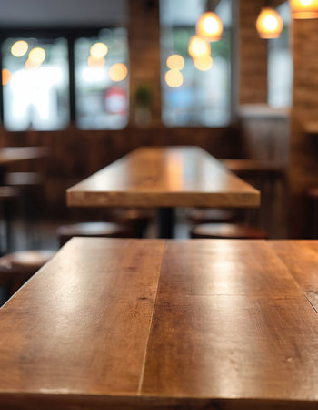 Empty wooden table and coffee shop blur background with bokeh image.の素材