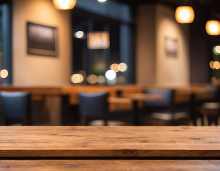 Selected focus empty brown wooden table and Coffee shop blur background with bokeh image.の素材