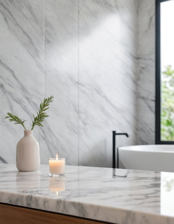 White marble bathroom interior with white bathtub, green plant in vase and lighted candles.の素材