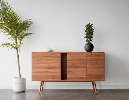 Interior of modern living room with wooden chest of drawers and plantsの素材