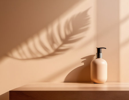 Beige cosmetic bottle on wooden table with shadow of palm leaf. Mock up, 3D Renderingの素材