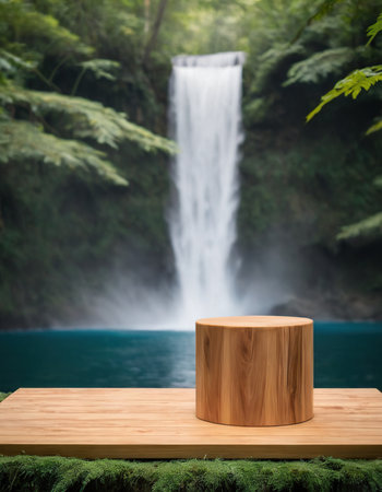 Wooden podium on the background of a waterfall in the forest.の素材