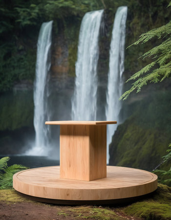 Wooden podium for product presentation in front of waterfall in the forest.の素材