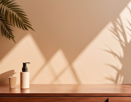 Cosmetic bottle with dispenser on wooden table and shadow of palm leaf on wallの素材