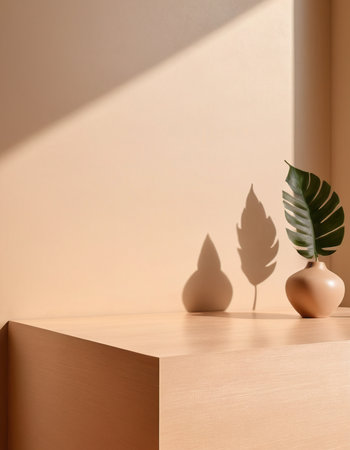 3d render of beige podium with monstera leaves in vaseの素材