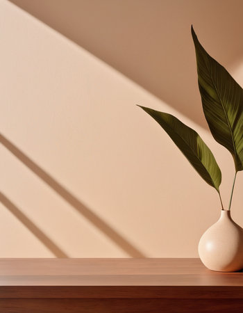 Vase with green leaves on a wooden shelf against a beige wallの素材
