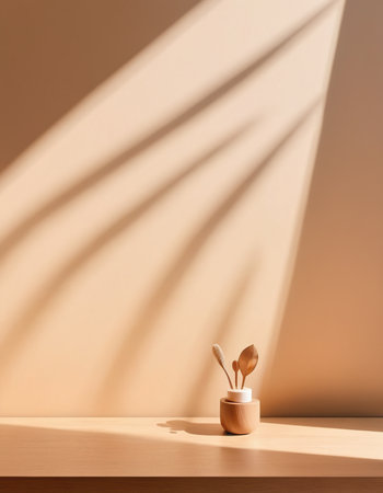 Wooden vase with wooden spoon on table against beige wall with shadowsの素材