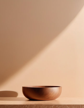 Wooden bowl on table against beige wall. Minimal style.の素材