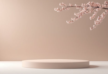 3d render of beige podium with cherry blossom flowers on it.の素材