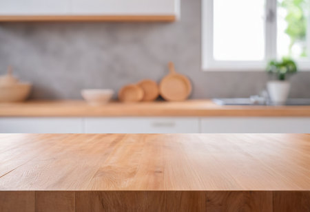 Empty wooden table and blurred kitchen interior background, product display montageの素材