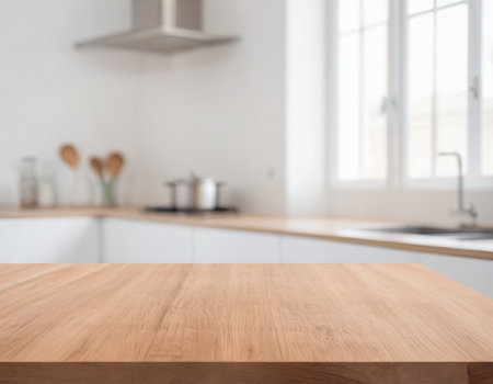 Empty wooden table and blurred kitchen interior background, product display montageの素材