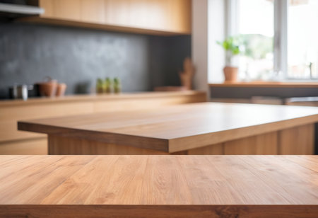 Empty wooden table and blurred background of modern kitchen interior. For product displayの素材