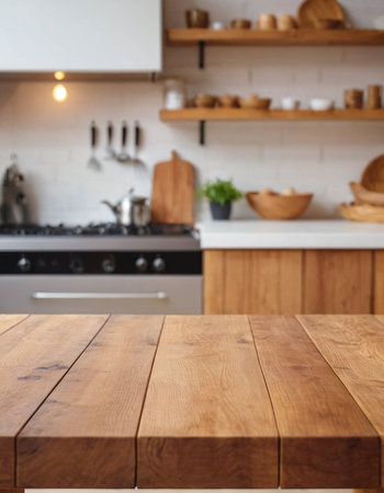Empty wooden table and blurred kitchen background. Ready for product display montageの素材