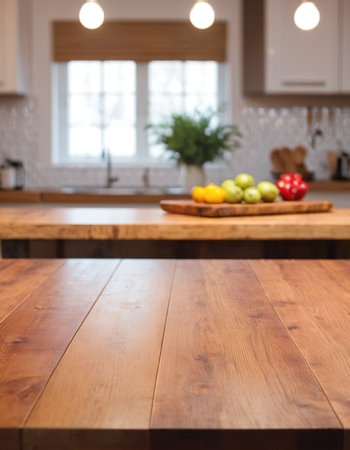 Empty wooden table and blurred background of kitchen interior. For product displayの素材